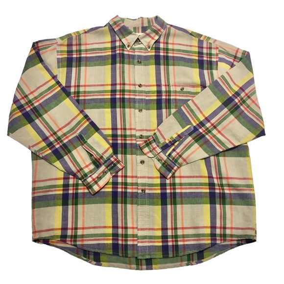 EDDIE BAUER Linen Blend Button Down Shirt Plaid Colorful Crisp Sz XXL Regular - Picture 8 of 13